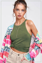 HBT7642-Mineral Washed Stretchy Ribbed Halter Neck Tank Top: Royal / M