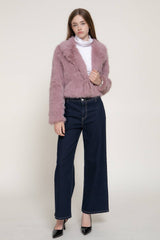 Long Sleeve Notched Collar Faux Fur Cropped Jacket: PNK-mauve / S