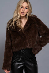 Long Sleeve Notched Collar Faux Fur Cropped Jacket: PNK-mauve / S