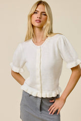 Puff Sleeve Ruffle Hem Knit Cardigan: Rust Brown / L