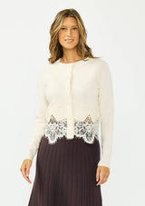 Lace Trim Button Front Cardigan: BLACK / S