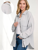 `Oversized Raw Edge Shirt W/ Back Patch Zenana: LT GREY-153903 / XL