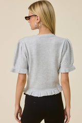 Puff Sleeve Ruffle Hem Knit Cardigan: Rust Brown / M