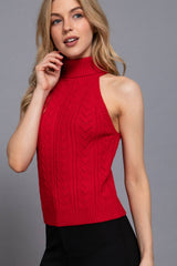 Sleeveless Turtle Neck Front Cable Sweater: BLK-black / L