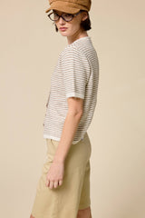 Striped Short Sleeve Button Cardigan: Black / L