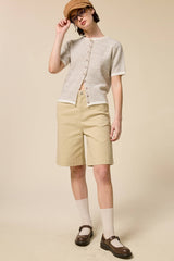 Striped Short Sleeve Button Cardigan: Navy / L