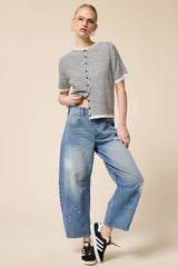 Striped Short Sleeve Button Cardigan: Black / S