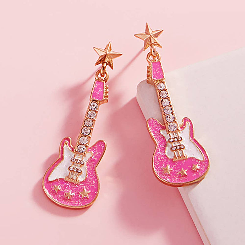 Stone Embellished Glittered Enamel Guitar Dangle Earrings
: White