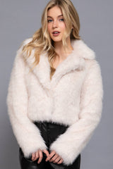 Long Sleeve Notched Collar Faux Fur Cropped Jacket: PNK-mauve / M