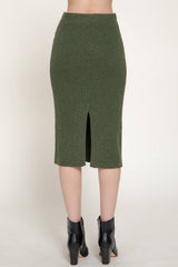 Pencil Midi Sweater Skirt with Back Slit: BRN-caramel brown / L