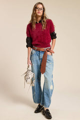 Fuzzy Knit Cropped Short Sleeve Sweater: Wine / M