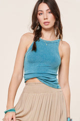 HBT7642-Mineral Washed Stretchy Ribbed Halter Neck Tank Top: Royal / M