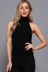 Sleeveless Turtle Neck Front Cable Sweater: BLK-black / S