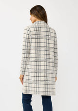 Plaid Notched Collar Button Front Cardigan: Cream/Black / S