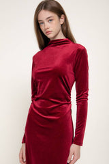 Long Sleeve High Neck Shirring Glitter Velvet Long Dress: RED-dark red / S