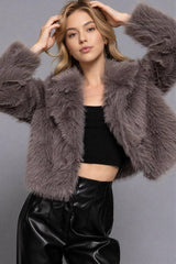 Notched Collar Faux Fur Crop Jacket: BRN-dark coffee-186630 / M