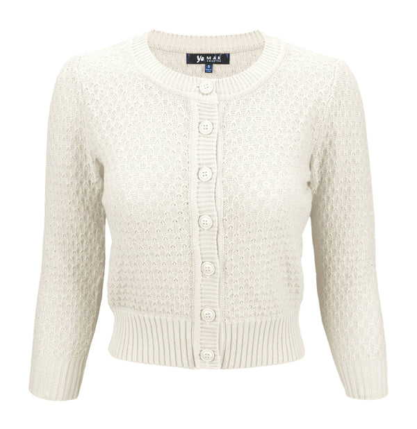 3/4 Sleeve Crewneck Knit Cropped Cardigan Sweater