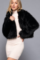 Notched Collar Faux Fur Crop Jacket: GRY-grey-171080 / M