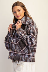 Plaid Textured Button Down Collared Jacket