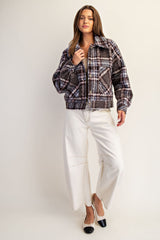 Plaid Textured Button Down Collared Jacket