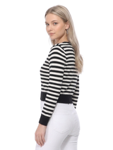 3/4 Sleeve Crewneck Striped Sweater Cardigan MK3521: RED/IVORY / M