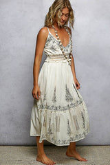 V-neck Sleeveless Smocked Band Ruffle Woven Dress