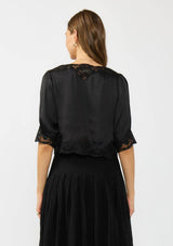 V-Neck Button Front Blouse with Lace Trim: BLACK/ BLACK / S