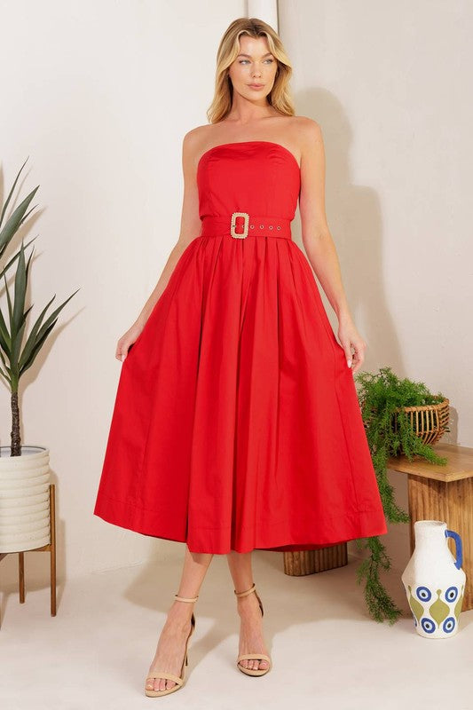 Red Strapless Cotton Midi Dress