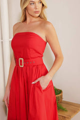 Red Strapless Cotton Midi Dress
