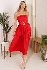 Red Strapless Cotton Midi Dress