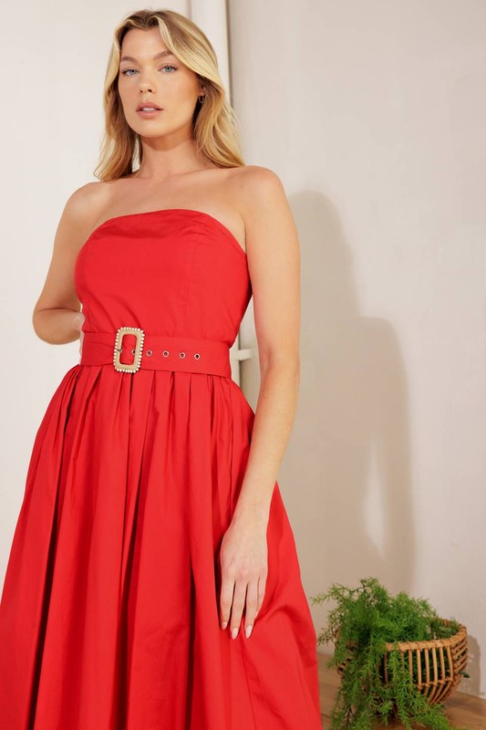 Red Strapless Cotton Midi Dress