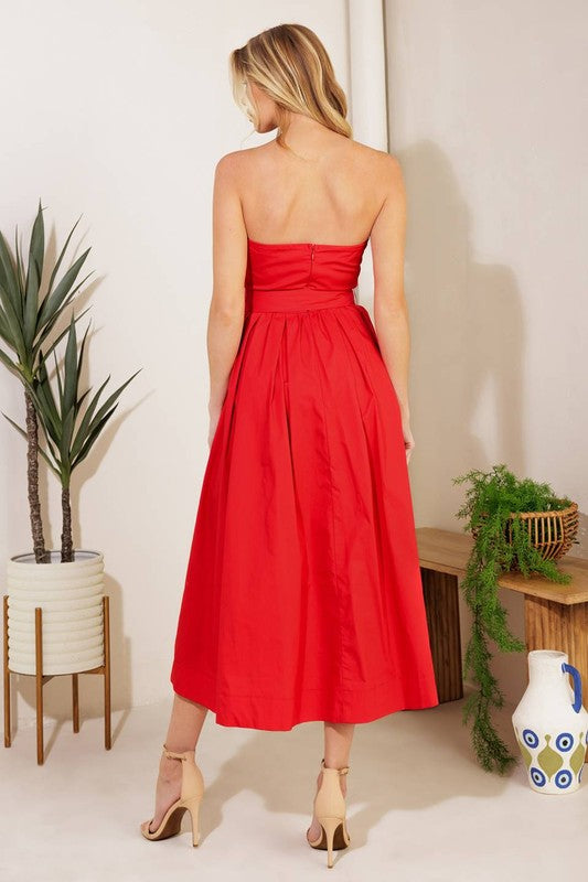 Red Strapless Cotton Midi Dress