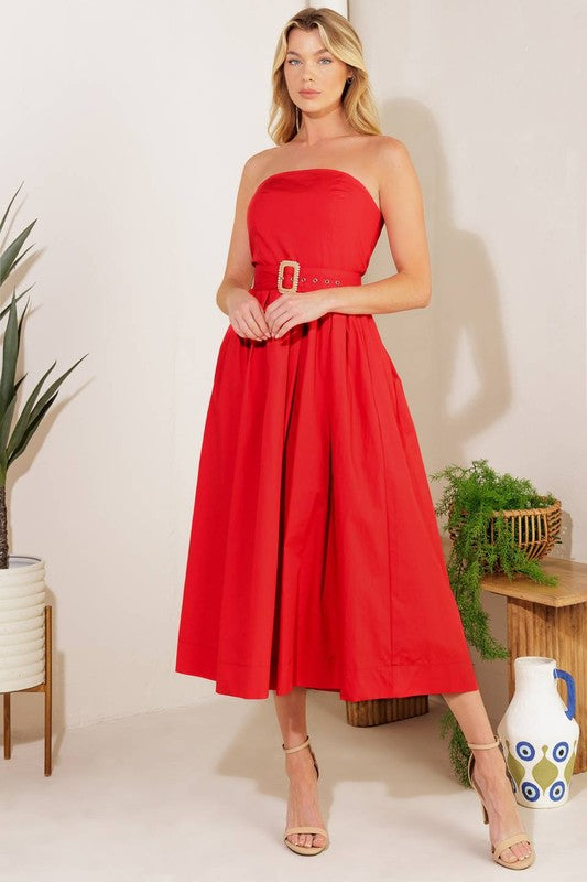 Red Strapless Cotton Midi Dress