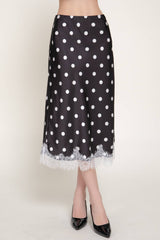 Mid Rise lace Trim Dot Print Satin Midi Skirt: BRN-brown/white / M