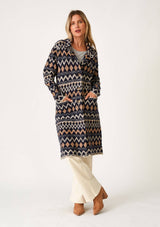 Bohemian Chevron Button Front Knit Cardigan: Navy/Camel / L