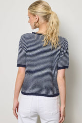 Striped Short Sleeve Button Cardigan: Black / L