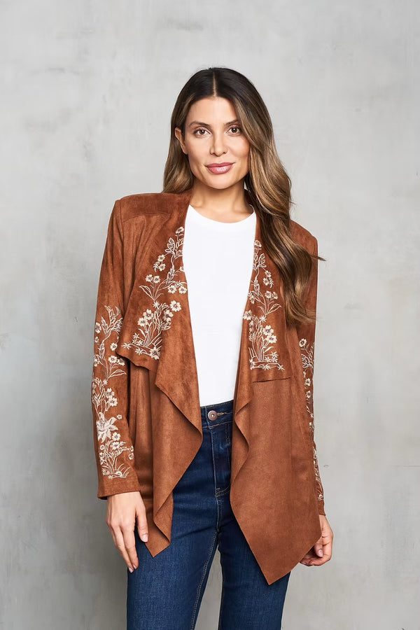 Faux Suede Embroidered Open Front Short Jacket