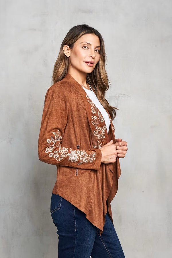 Faux Suede Embroidered Open Front Short Jacket