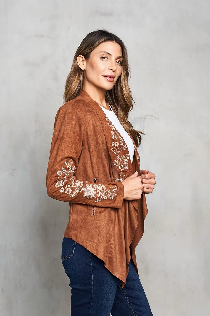 Faux Suede Embroidered Open Front Short Jacket