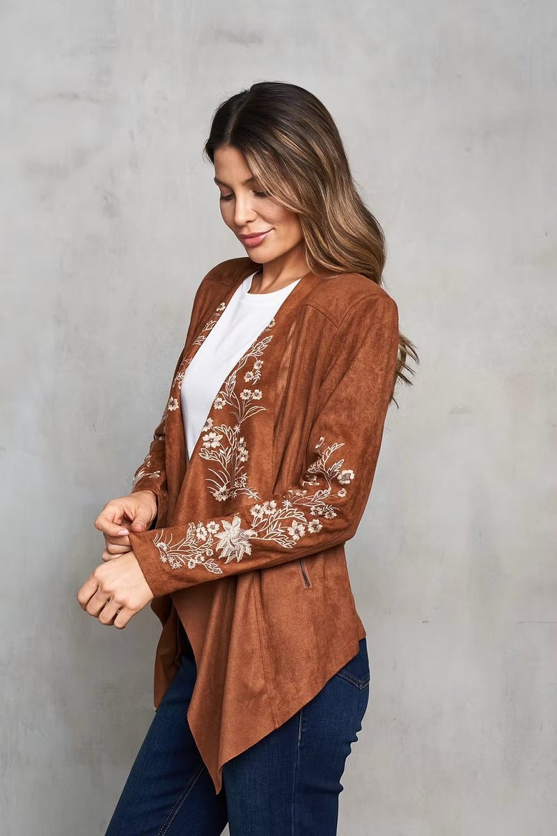 Faux Suede Embroidered Open Front Short Jacket