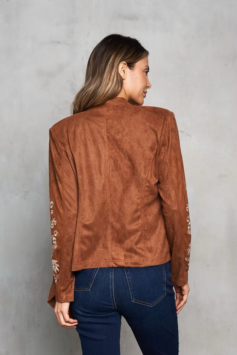 Faux Suede Embroidered Open Front Short Jacket