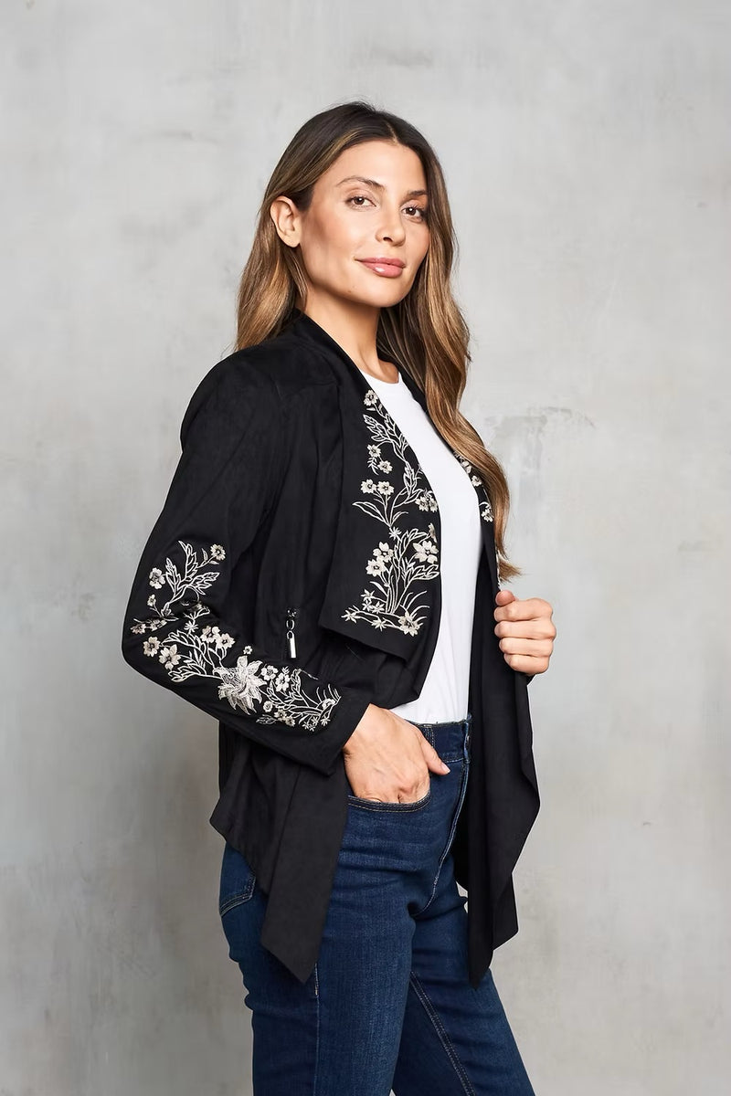 Faux Suede Embroidered Open Front Short Jacket