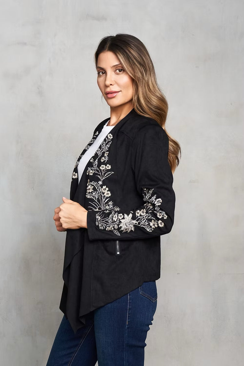 Faux Suede Embroidered Open Front Short Jacket