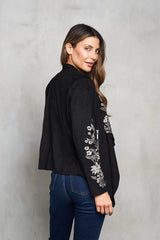 Faux Suede Embroidered Open Front Short Jacket
