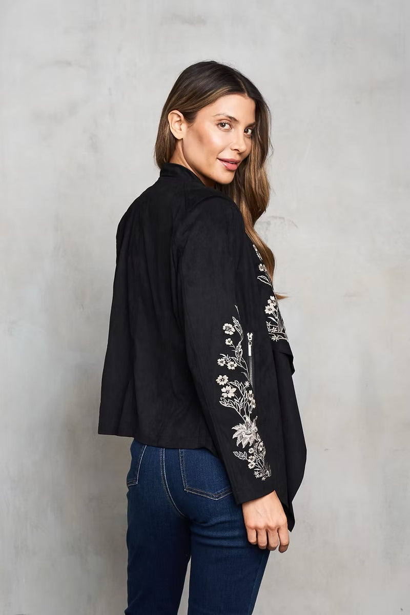 Faux Suede Embroidered Open Front Short Jacket