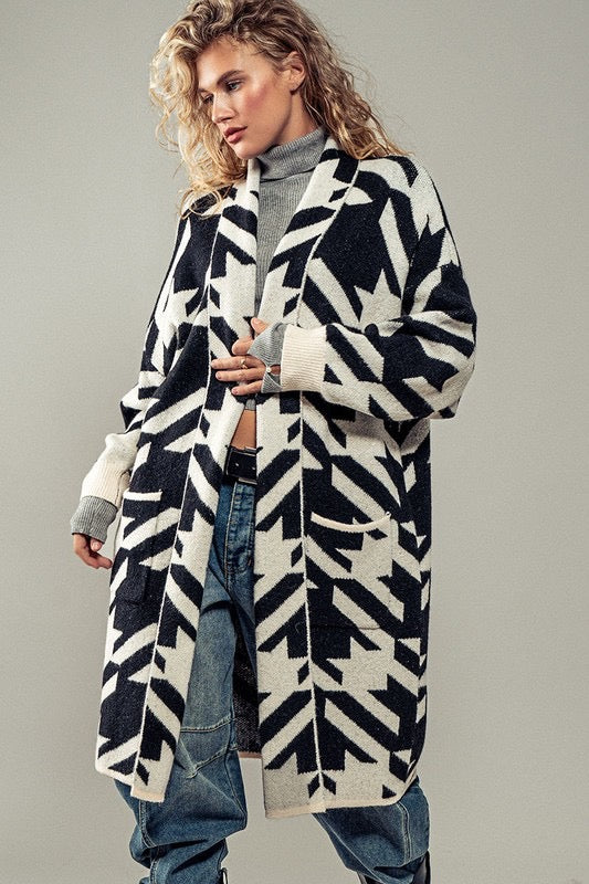 Exaggerated Houndstooth Open Front Knit Cardigan
