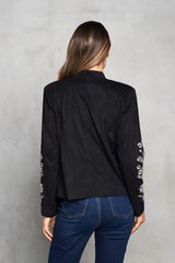 Faux Suede Embroidered Open Front Short Jacket