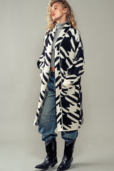 Exaggerated Houndstooth Open Front Knit Cardigan