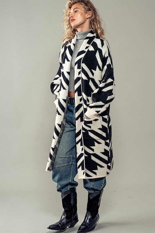 Exaggerated Houndstooth Open Front Knit Cardigan
