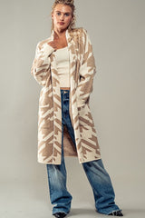 Exaggerated Houndstooth Open Front Knit Cardigan